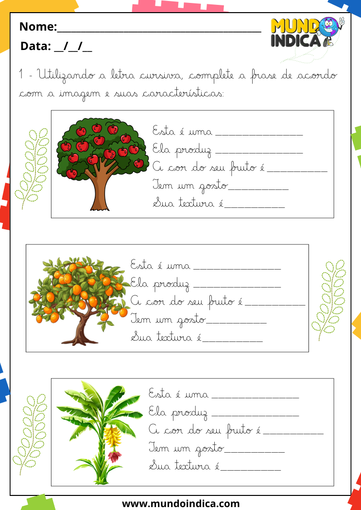 Atividade de caligrafia para completar frases sobre características de frutas, observando as imagens e escrevendo em letra cursiva