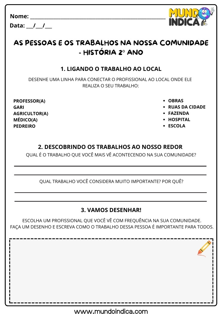 Atividade de História 2 ano Ligue o Trabalhador ao seu Local de Trabalho para Imprimir