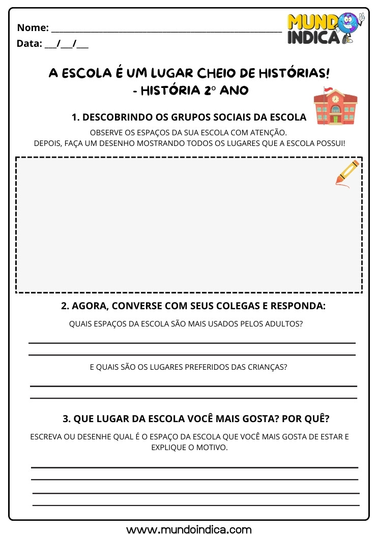 Atividade de História 2 ano sobre Espaços e Lugares da Escola para Imprimir