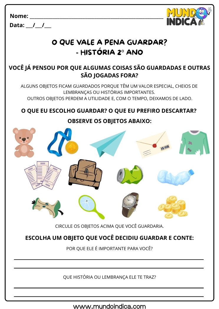 Atividade de História 2 ano sobre Objetos para Guardar de Recordação e para Descartar para Imprimir