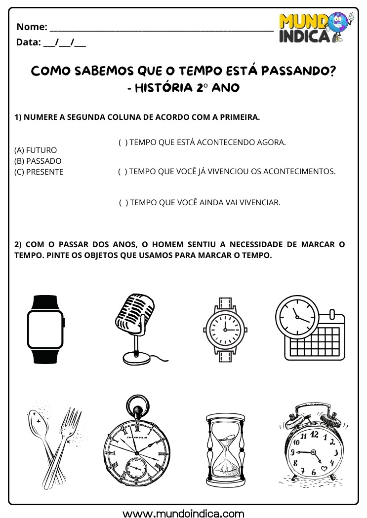 Atividade de História 2 ano sobre Passado, Presente e Futuro e Marcadores de Tempo para Imprimir