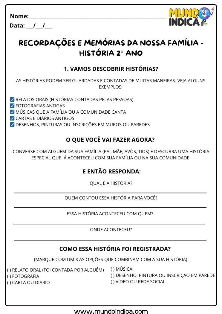 Atividade de História 2 ano sobre Recordações e Memórias da Família para Imprimir