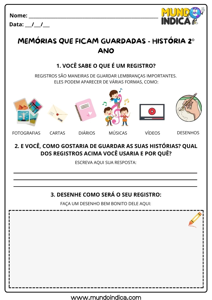 Atividade de História 2 ano sobre Registros para Guardar Lembranças Importantes para Imprimir