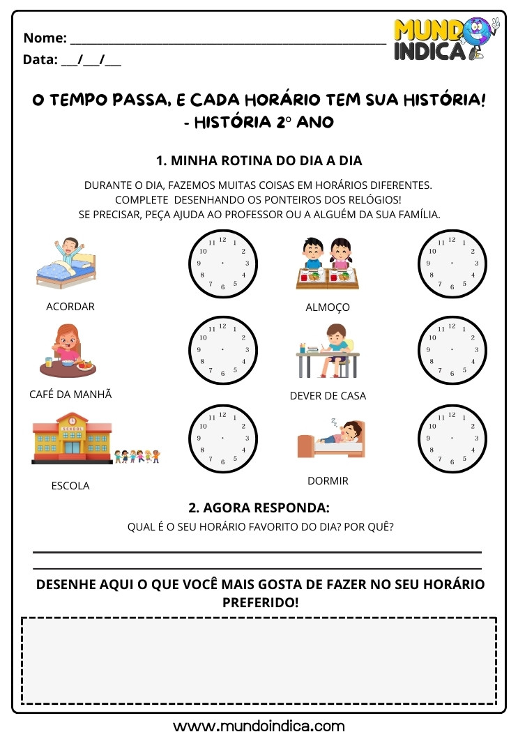 Atividade de História 2 ano sobre Rotina e Horários para Imprimir