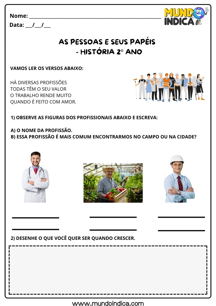 Atividade de História 2 ano sobre as Pessoas e os seus Papéis Profissoes do Campo e da Cidade para Imprimir