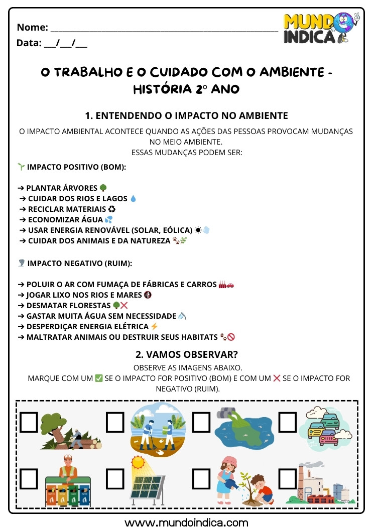 Atividade de História 2 ano sobre o Trabalho, o Cuidado com o Ambiente e os seus Impactos para Imprimir