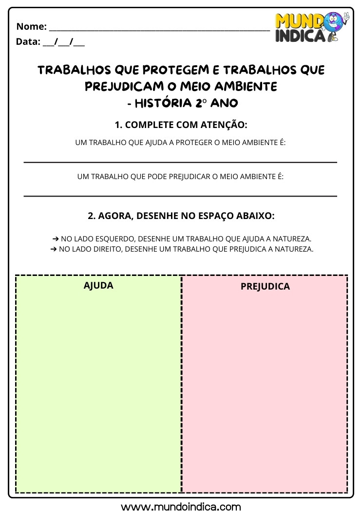 Atividade de História 2 ano sobre os Trabalhos que Protegem e Prejudicam o Meio Ambiente para Imprimir