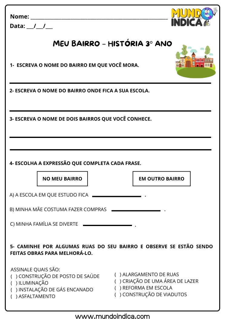 Atividade de História 3 ano sobre Bairro para Imprimir