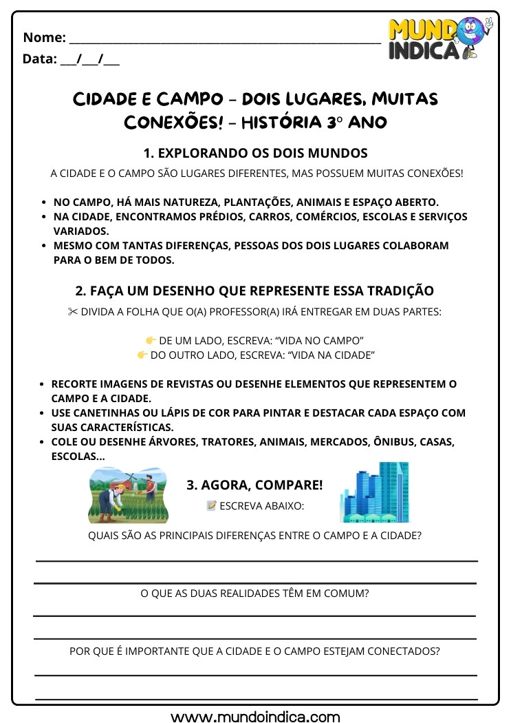 Atividade de História 3 ano sobre Cidade e Campo e suas Conexões para Imprimir