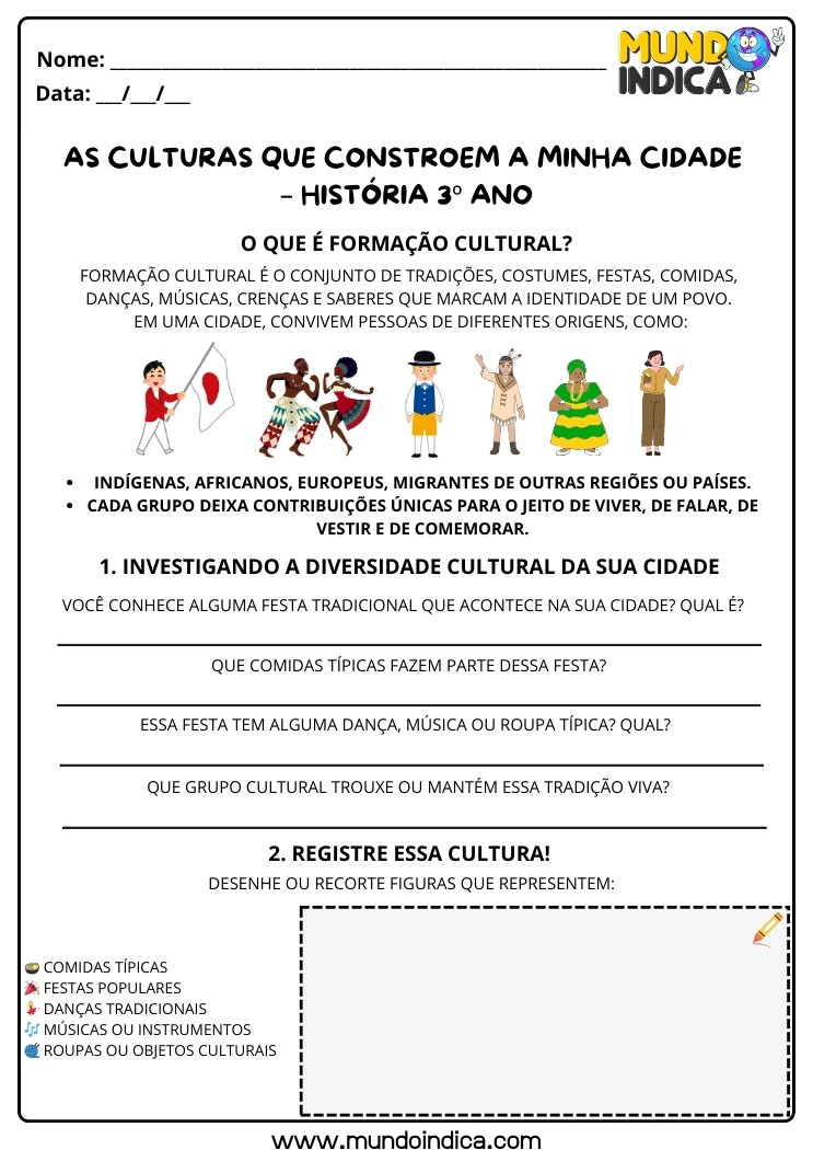 Atividade de História 3 ano sobre Culturas e Tradições da Cidade para Imprimir