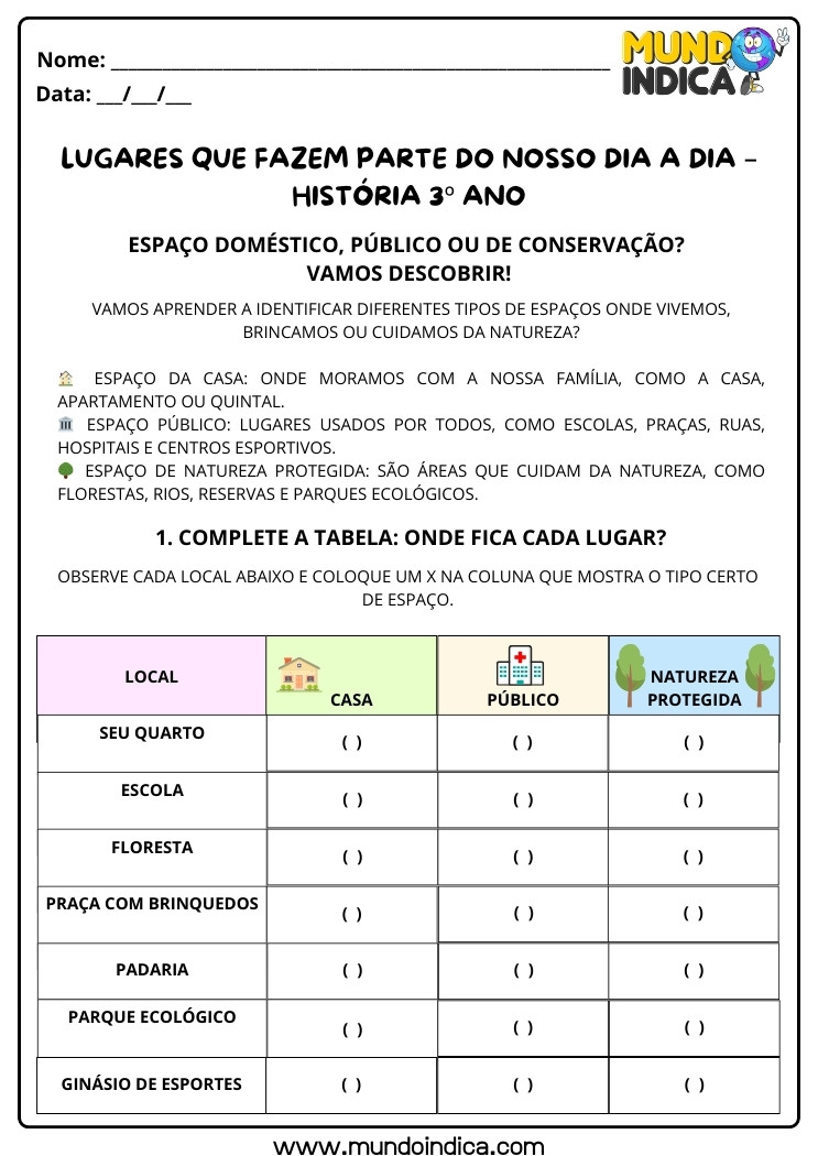 Atividade de História 3 ano sobre Espaços Públicos, Domésticos e de Conservação para Imprimir