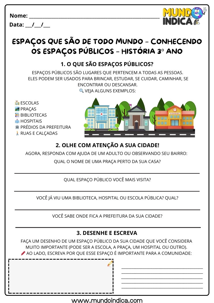 Atividade de História 3 ano sobre Espaços Públicos para Imprimir