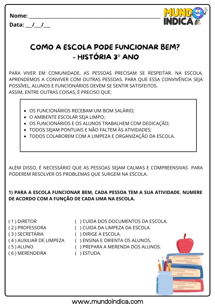 Atividade de História 3 ano sobre Funções das Pessoas na Escola para Imprimir