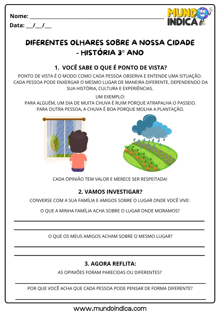 Atividade de História 3 ano sobre Pontos de Vista da Cidade para Imprimir