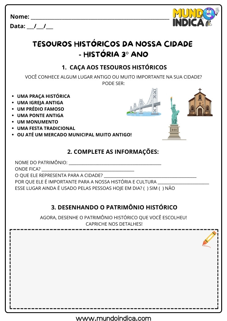 Atividade de História 3 ano sobre Tesouros Históricos da Cidade para Imprimir