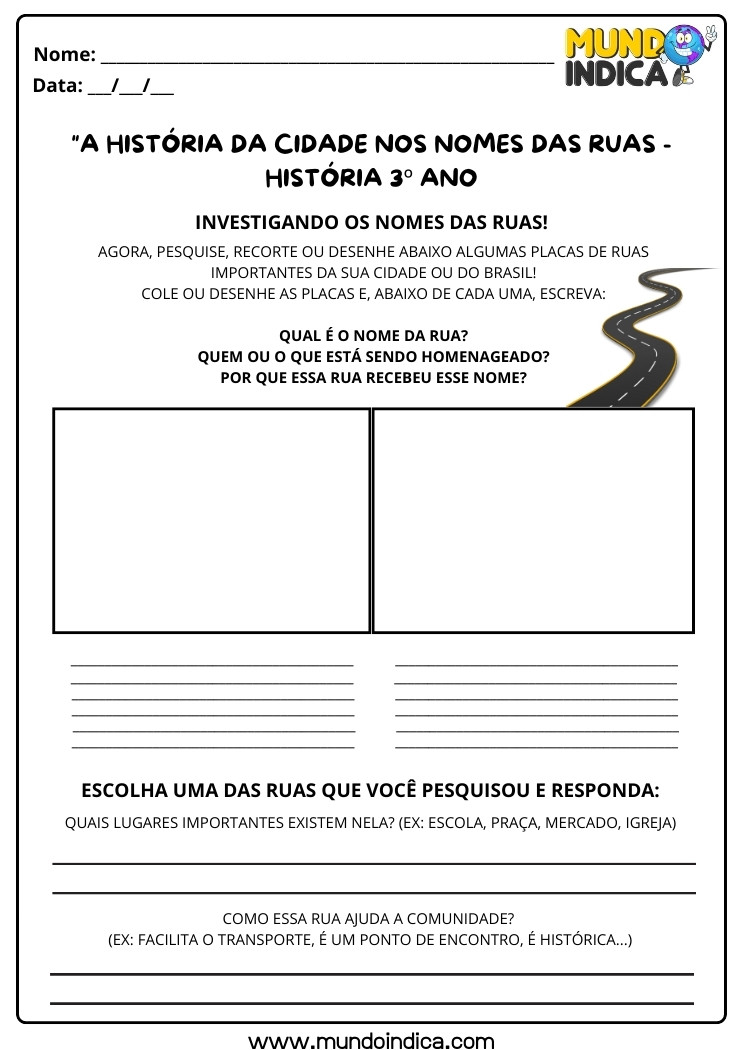 Atividade de História 3 ano sobre a História da Cidade e os Nomes da Rua para Imprimir