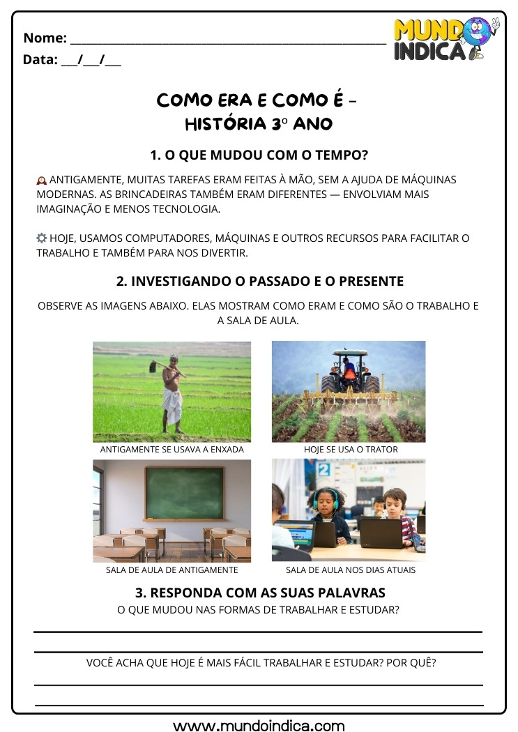 Atividade de História 3 ano sobre o Passado e o Presente do Trabalho e do Ensino para Imprimir