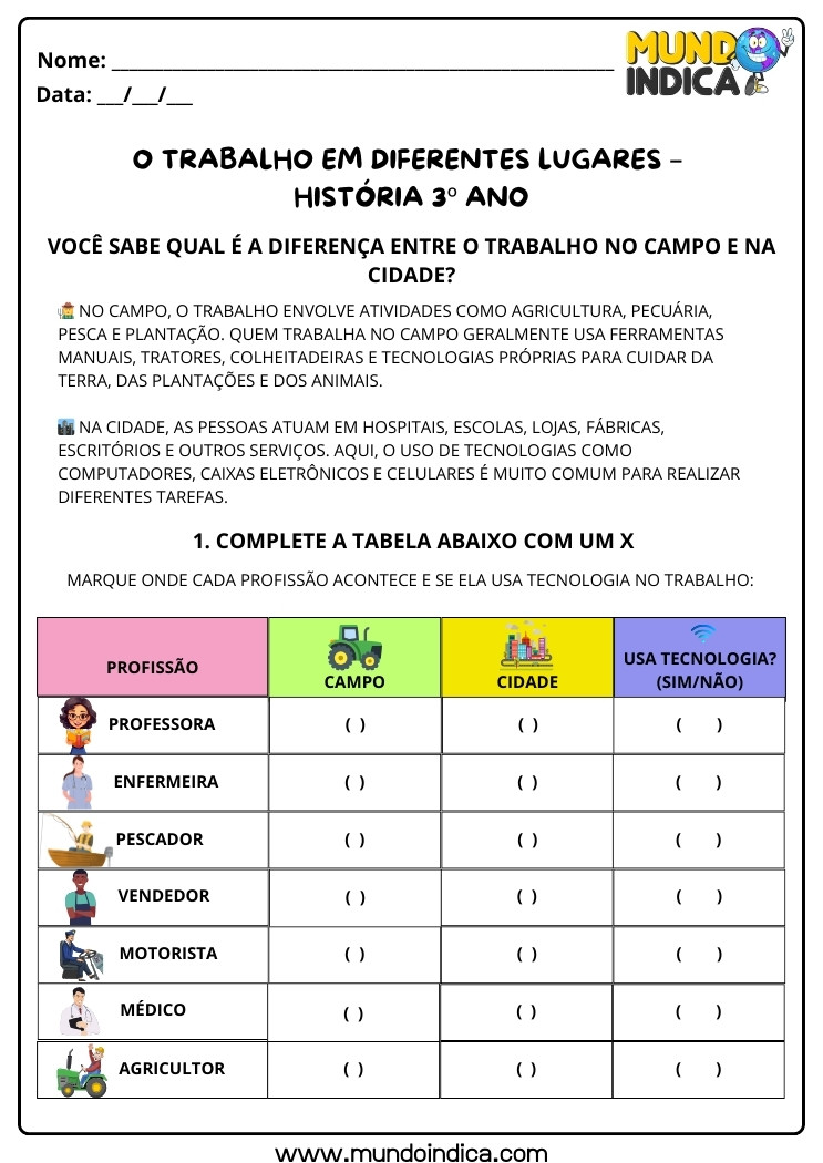 Atividade de História 3 ano sobre o Trabalho no Campo e na Cidade e o Uso de Tecnologia para Imprimir