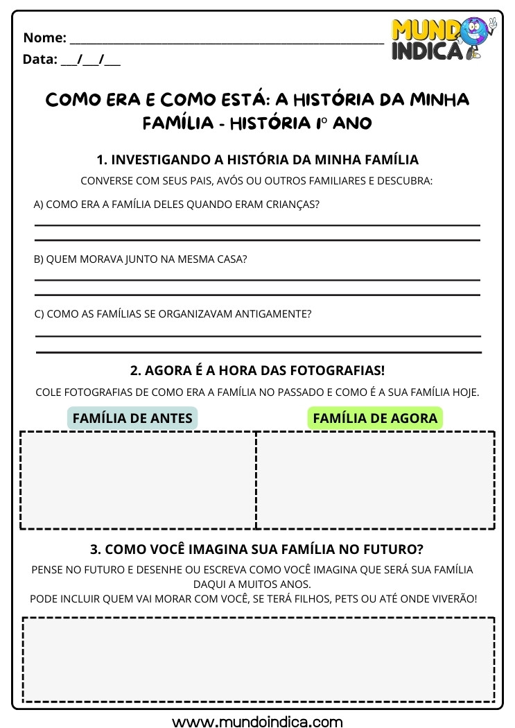 Atividade de História Como Era e Como Está a Minha Família com Perguntas, Colagem de Fotografias e Desenho para 1 ano para imprimir