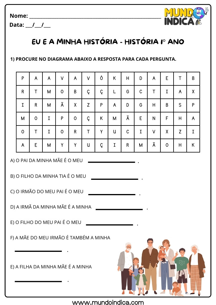 Atividade de História Eu e a Minha Família com Perguntas e Caça-palavras para 1 ano para imprimir