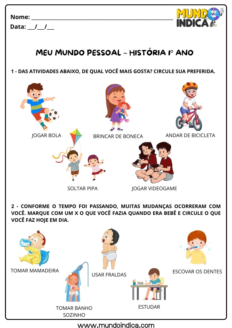 Atividade de História Meu Mundo Pessoal Circule sua Atividade Preferida, o Que Você Fazia quando Bebê e o que Você Faz Hoje para 1 ano para imprimir