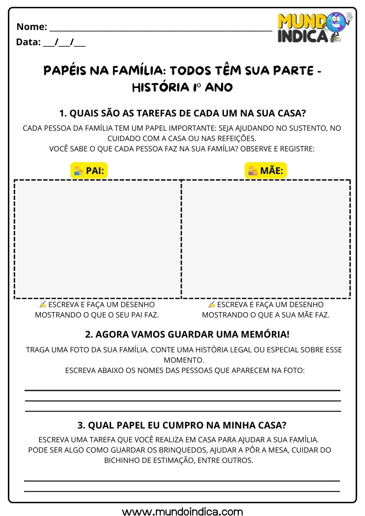 Atividade de História Papéis do Pai e da Mãe com Fotografia e Tarefas para Ajudar a Família Dentro de Casa para 1 ano para imprimir