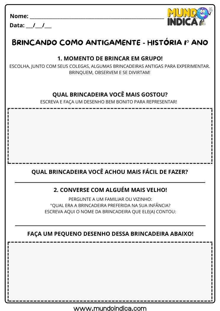 Atividade de História sobre Brincadeiras Antigas para 1 ano para imprimir