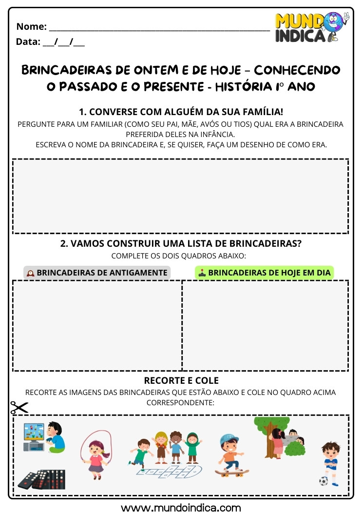 Atividade de História sobre Brincadeiras de Antigamente e de Hoje em Dia para 1 ano para imprimir