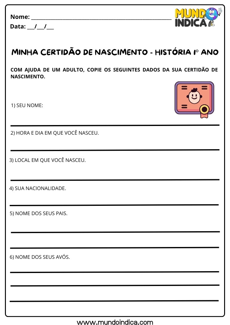 Atividade de História sobre Certidão de Nascimento e seus Dados para 1 ano para imprimir