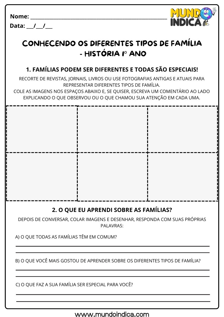 Atividade de História sobre Diferentes Tipos de Família com Recorte e Colagem de Revistas, Jornais, Fotografias Antigas e Atuais para 1 ano para imprimir