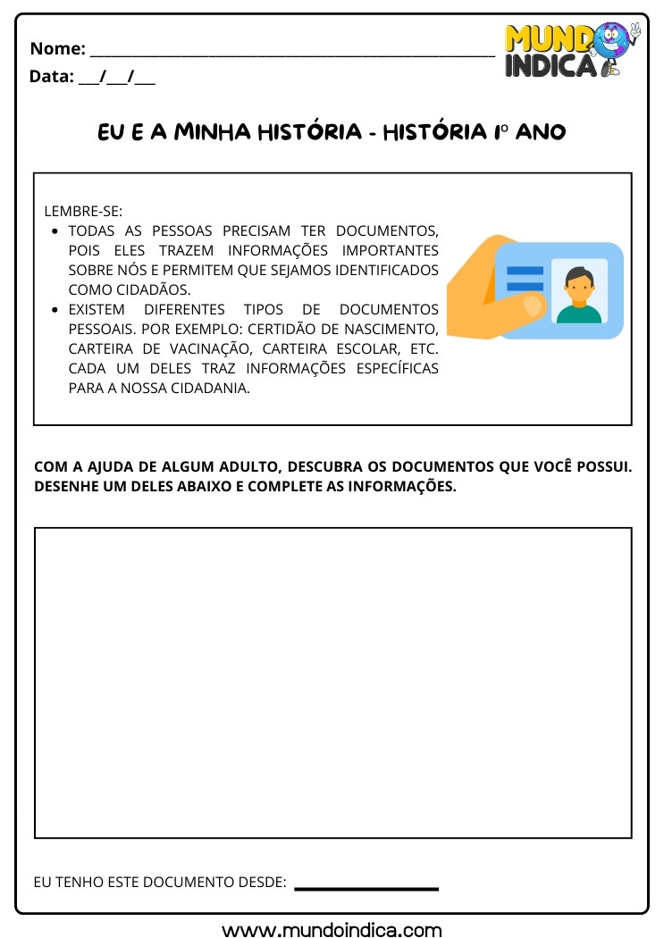Atividade de História sobre Documentos de Identificação para 1 ano para imprimir