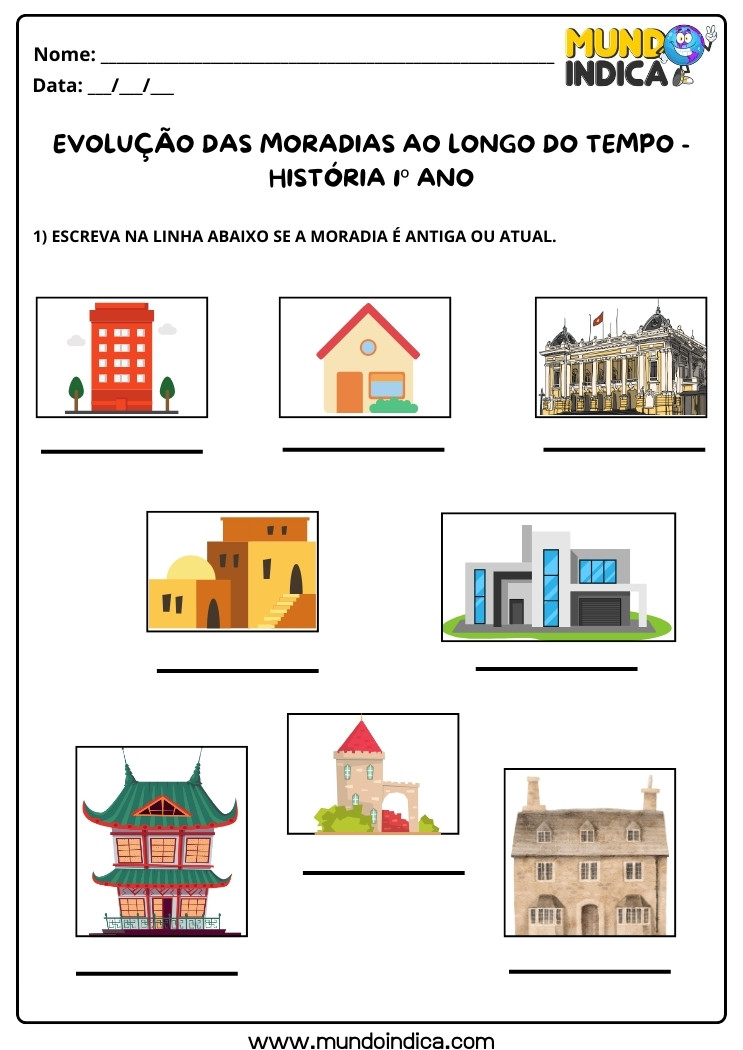 Atividade de História sobre Evolução das Moradias ao Longo do Tempo para 1 ano para imprimir