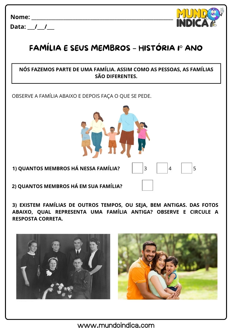 Atividade de História sobre Família e Seus Membros e Percepção Visual de Fotografias de Família Atual e Antiga para 1 ano para imprimir