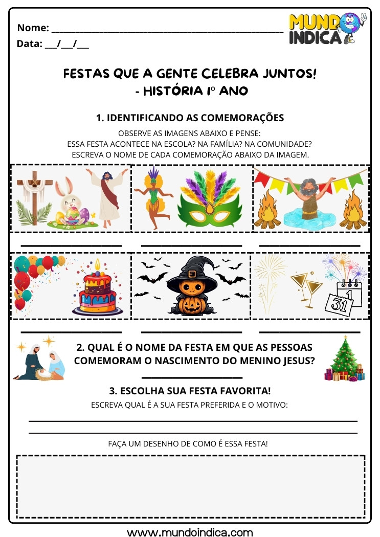 Atividade de História sobre Festas e Comemorações que a Gente Celebra Juntos para 1 ano para imprimir