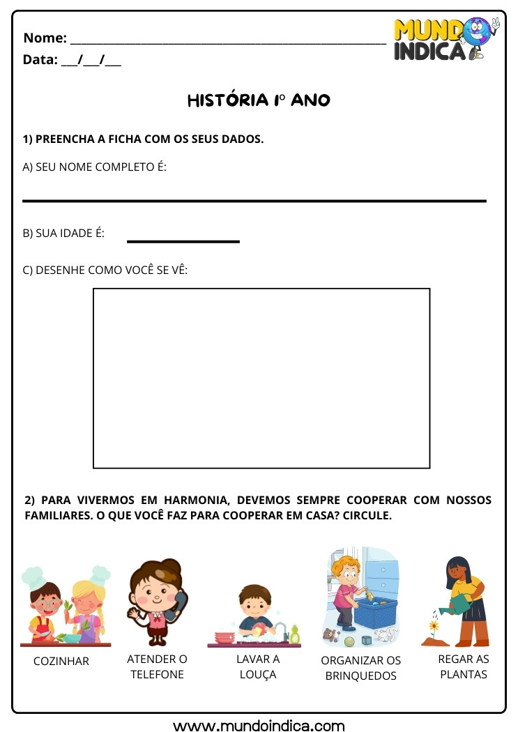 Atividade de História sobre Identidade, Nome, Idade, Desenhe como Você se Vê, Circule o que Você faz para Cooperar em Casa para 1 ano para imprimir