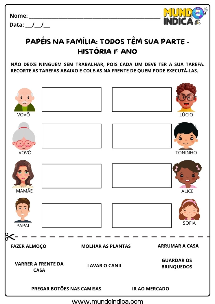Atividade de História sobre Papéis na Família Recorte as Tarefas e Cole na Frente dos Membros da Família para 1 ano para imprimir