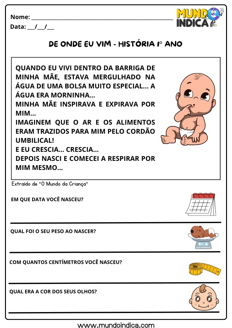 Atividade de História sobre a Origem da Criança, Identidade, Data de Nascimento, Peso para 1 ano para imprimir