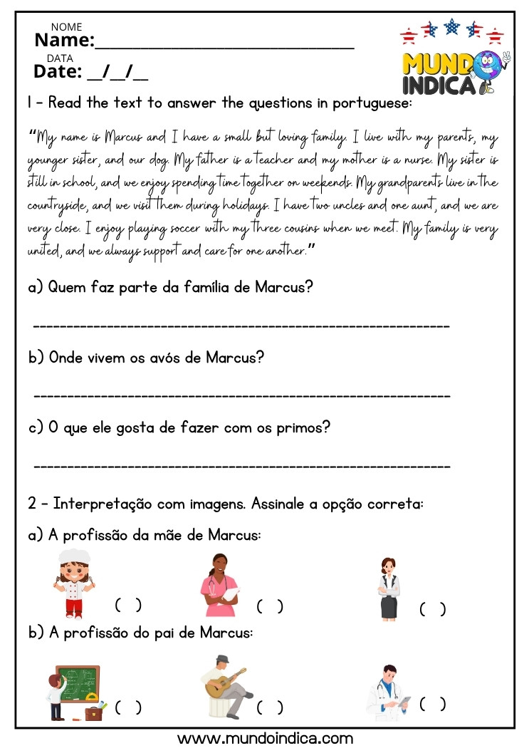 Atividade de Inglês 7 ano do Ensino Fundamental com Interpretação de Texto para Imprimir