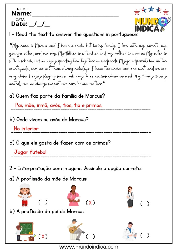 Atividade de Inglês 7 ano do Ensino Fundamental com Interpretação de Texto sobre os Membros da Família com respostas