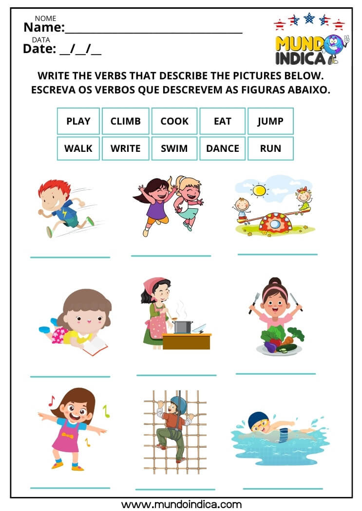 Atividade de Inglês Adaptada para Alunos Especiais Escreva os Verbos de Ação que Descrevem as Figuras para Imprimir