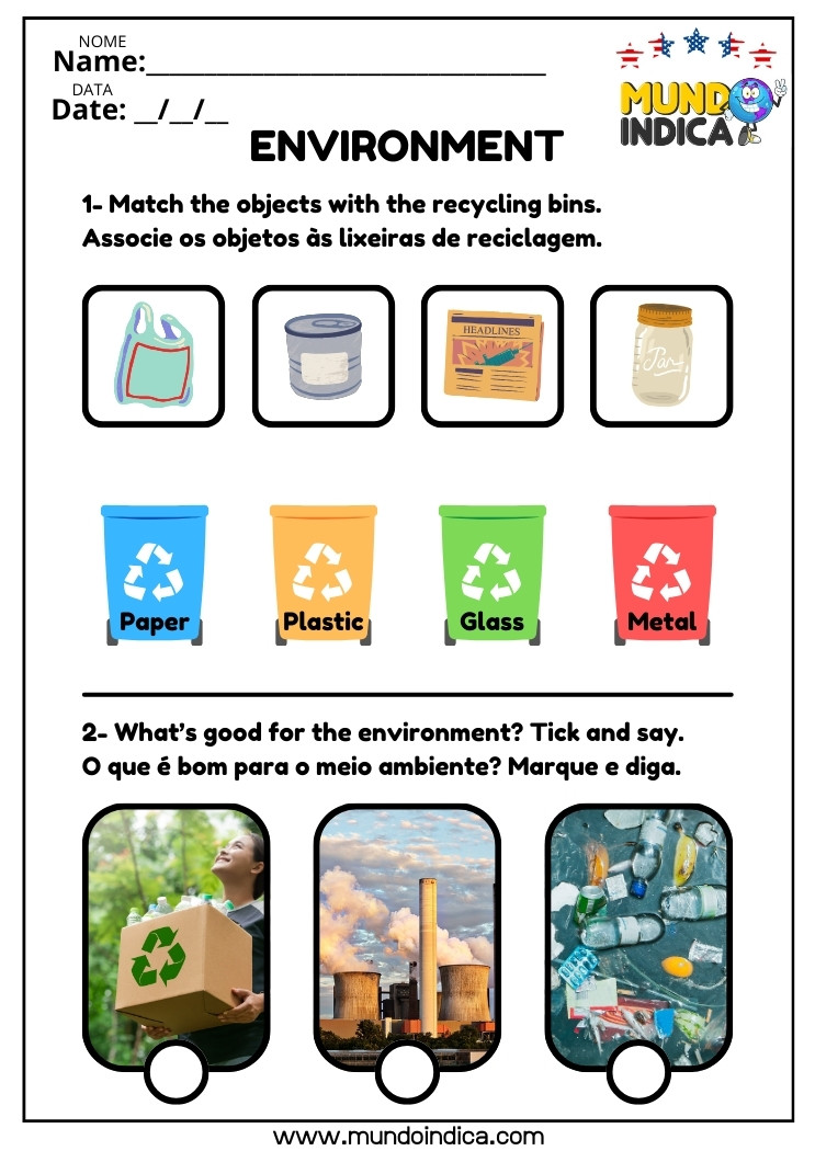 Atividade de Inglês Adaptada para Alunos Especiais sobre Meio Ambiente e Reciclagem para Imprimir​