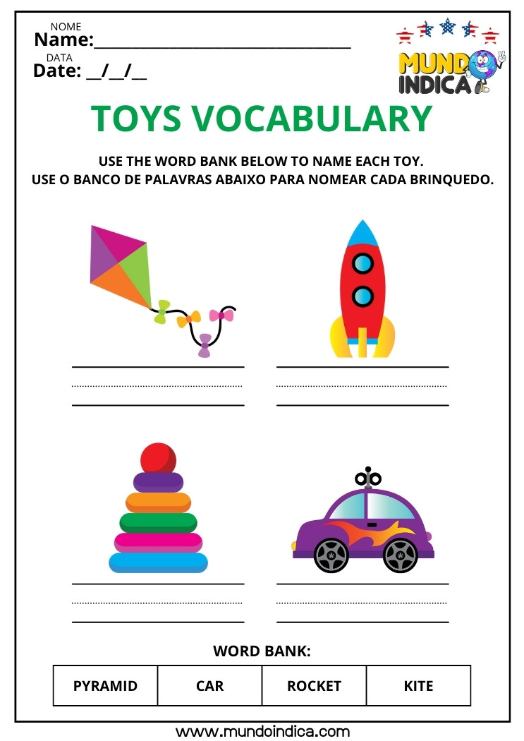 Atividade de Inglês Adaptada para Alunos Especiais sobre Vocabulário dos Brinquedos para Imprimir​