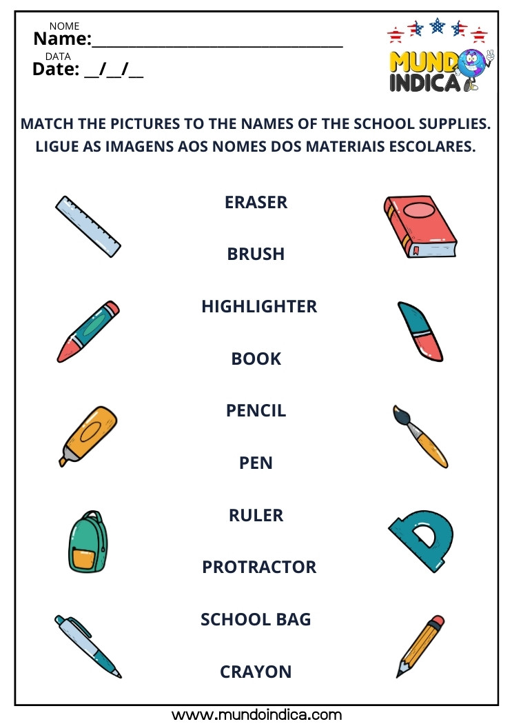 Atividade de Inglês Adaptadas Ligue as Imagens aos Nomes dos Materiais Escolares​ para Imprimir