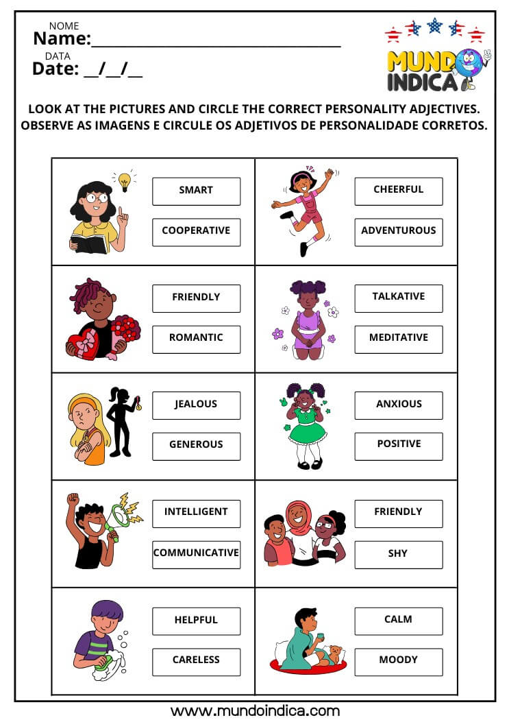 Atividade de Inglês Circule os Adjetivos​ de Personalidades Corretos de Acordo com a Figura para Imprimir