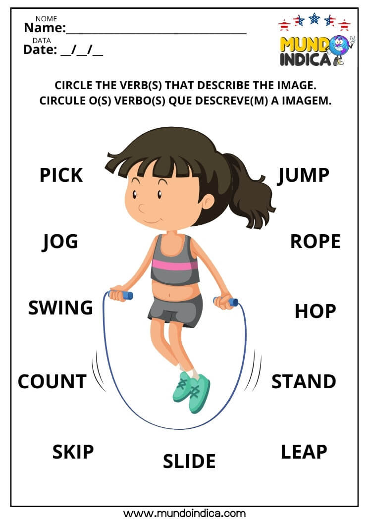 Atividade de Inglês Circule os Verbos que Descrevem a Imagem para Imprimir