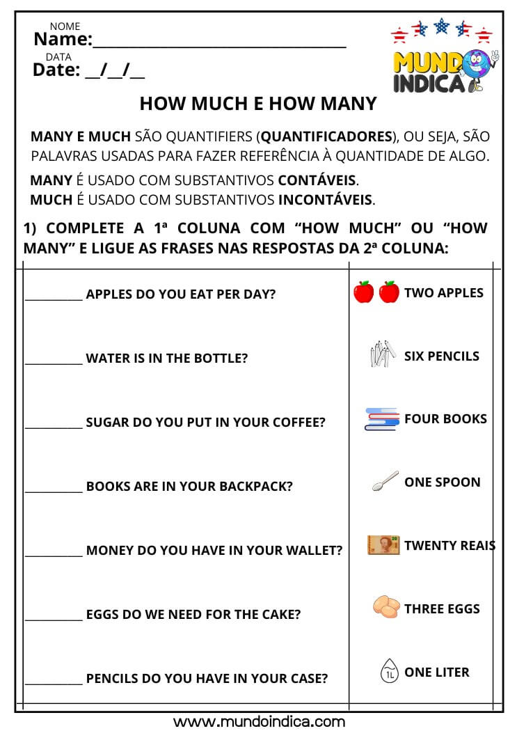 Atividade de Inglês Complete a Primeira Coluna com How Much ou How Many e Ligue as Frases nas Respostas da Segunda Coluna para Imprimir​