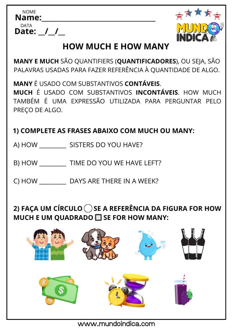 Atividade de Inglês Complete as Frases com Much ou Many e Faça um Círculo se a Referência da Figura for How Much e um Quadrado se for How Many para Imprimir​