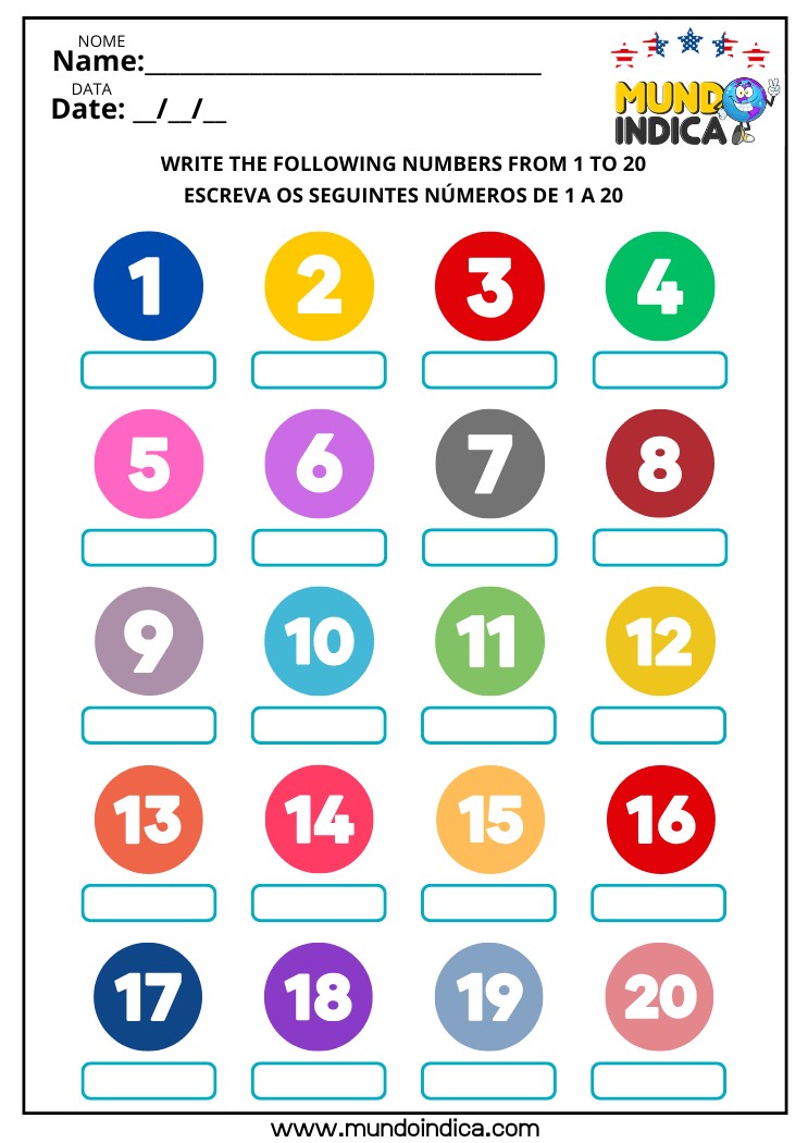 Atividade de Inglês Escreva os Números de 1 a 20 para Imprimir​