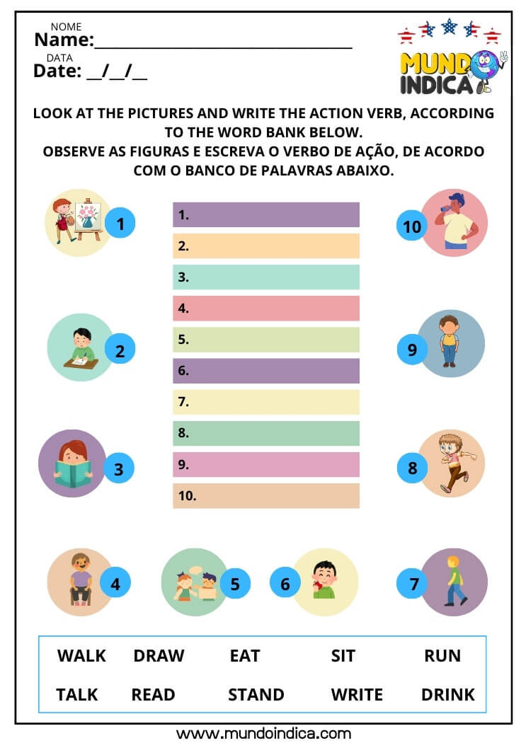 Atividade de Inglês Escreva os Verbos de Ação de Acordo com o Banco de Palavras e Relacionados com o Número das Imagens para Imprimir