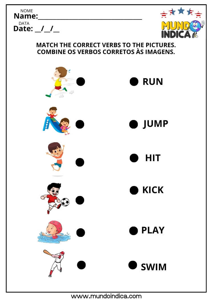 Atividade de Inglês Ligue os Verbos de Ação às Imagens Corretas para Imprimir